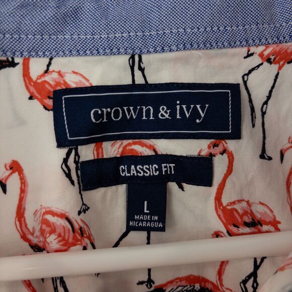 Crown & Ivy Pink Flamingo Button Up Short Sleeve Shirt L Hawaiian Tropical Bird - Picture 9 of 13